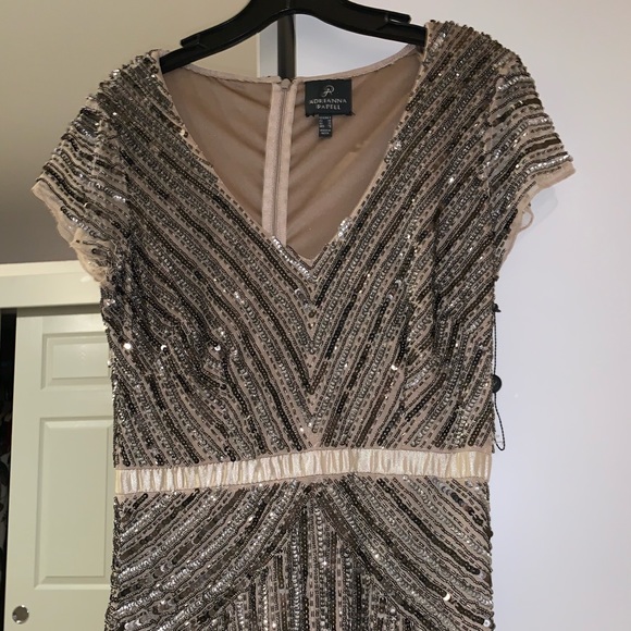 Adrianna Papell Cap sleeve v-neck beaded nude gown - Picture 5 of 8